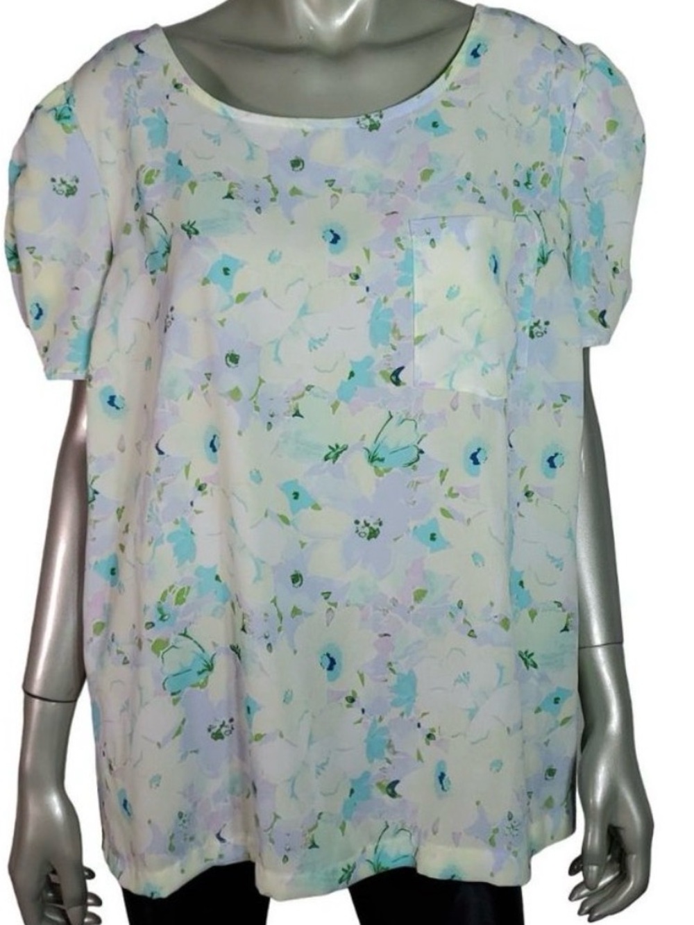 Lauren Conrad Top Plus Size 1X Floral Pocket Short Sleeve‎ Pullover Casual Blue